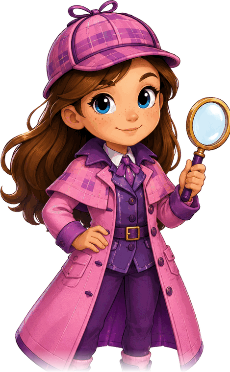 Detective Aria, a young detective in a pink plaid deerstalker hat and trench coat, holding a magnifying glass